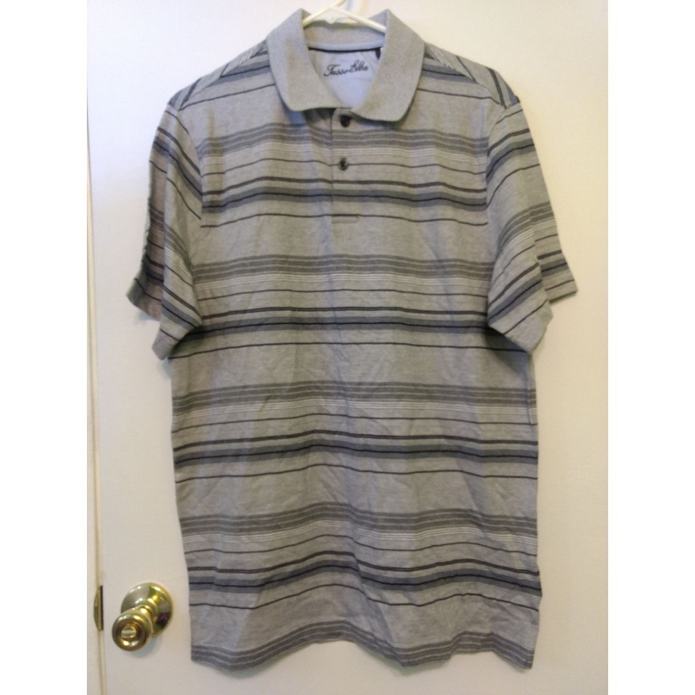 Tasso Elba Horizontal Stripes Gray Black Men's Collar Short Sleeve Cotton Polo L - Picture 1 of 4